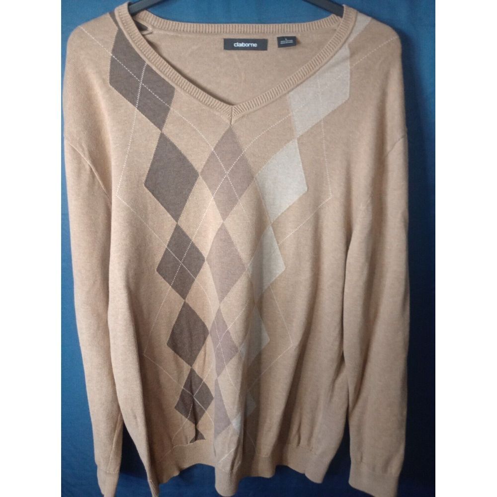 Claiborne Argyle Sweater Mens Size L Beige‎ V-Neck Preppy Willow